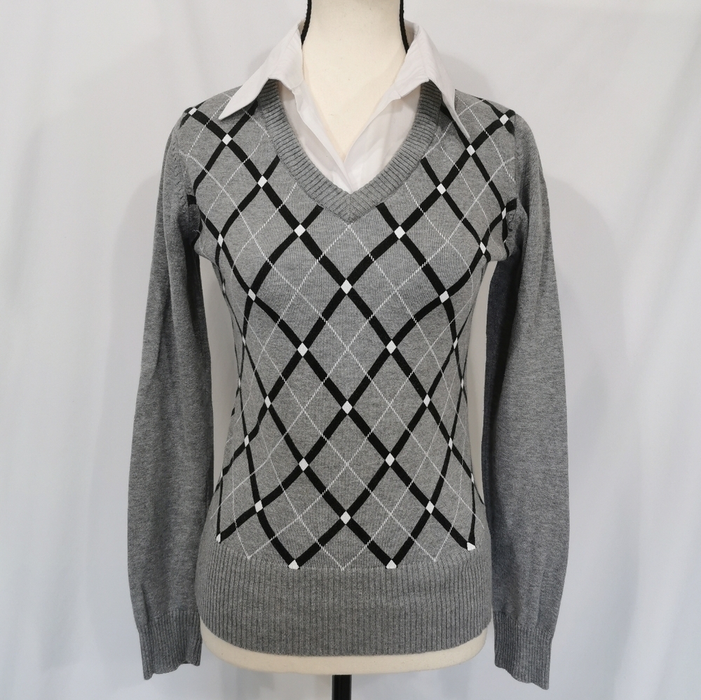 3/$20 Beechers Brook Argyle Twofer/Fooler Sweater Grey White Sz S Open To Offers